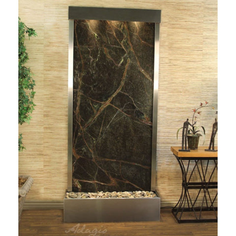 Adagio Water Features Tranquil River Floor Fountain - Rear Mount With Plants and a Small Table-Rainforest Green Marble Antique Bronze