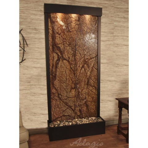 Adagio Water Features Tranquil River Floor Fountain - Rear Mount With Small Table and a Couch-Rainforest Brown Marble Antique Bronze Side Angle View