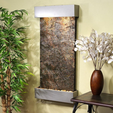 Adagio Water Features Whispering Creek Wall Fountain Green Slate Silver Metallic White Side View