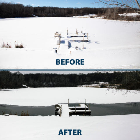 Frozen dock before and open water around the dock after running an Airmax Ice Eater