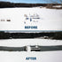 Frozen dock before and open water around the dock after running an Airmax Ice Eater