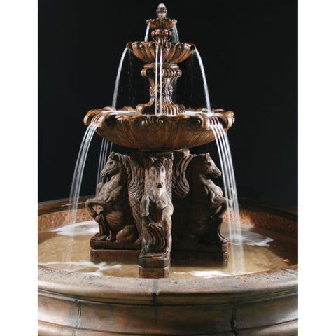 Als Garden Art 2-Tier Cavalli Outdoor Water Fountain With 12 Foot Bracci Basin Full View With Water Flowing