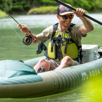 Thumbnail for Aqua Marina Caliber 13 1 Inflatable Fishing Kayak With A Happy Man Kayaking While Holding A Fishing Rod