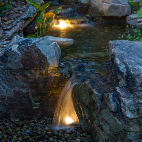 Aquascape Deluxe Pondless Waterfall Kit At Night With Soft Lighting