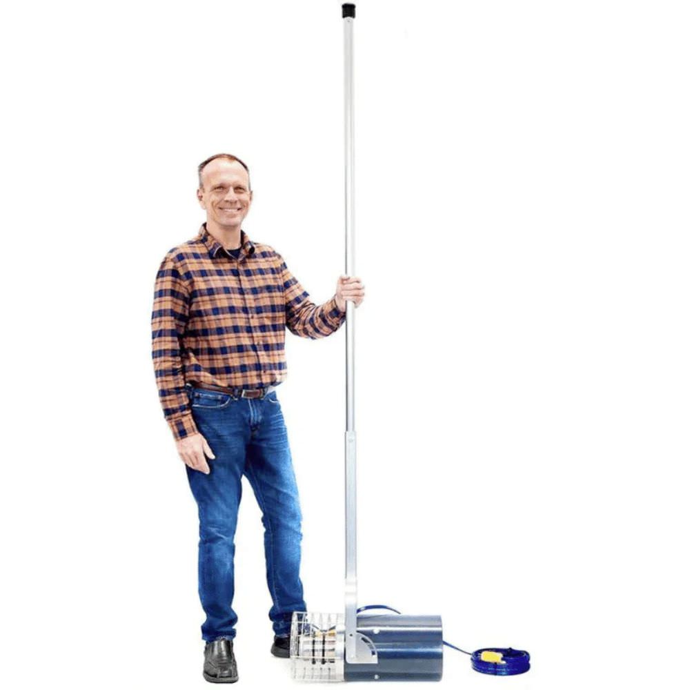 Aquasweep Muck Blaster With Power Cord & A Man Holding The Pole Attachment