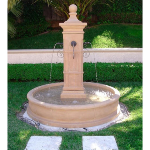 Aquitaine Pond Fountain With Round Pool And Center Column With  Garden Grass and Palm Tree