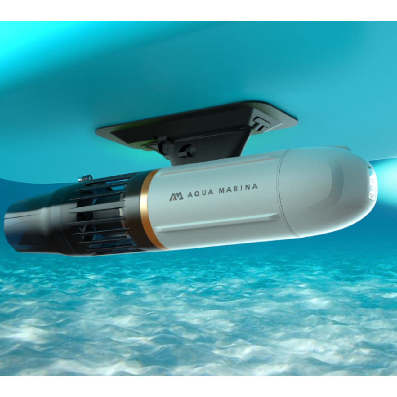 BlueDrive X Water Propulsion Device Attached to the Boat