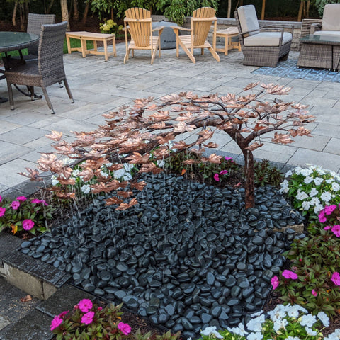 Blue Thumb 30 Copper Creeping Japanese Maple Tree Garden Fountain With A Chairs And Tables In The Background