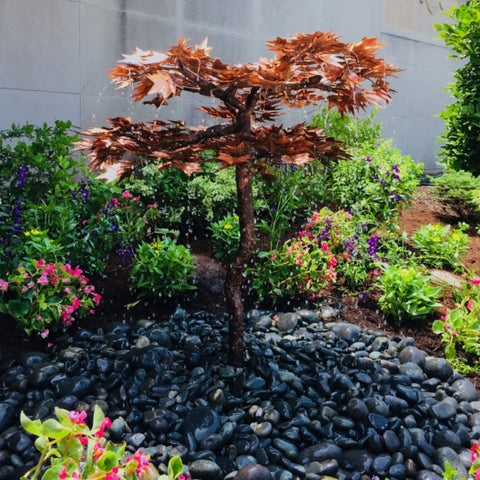 Blue Thumb 38 Copper Japanese Maple Tree Garden Fountain Surrounded By A Variety Of Plants And Flowers