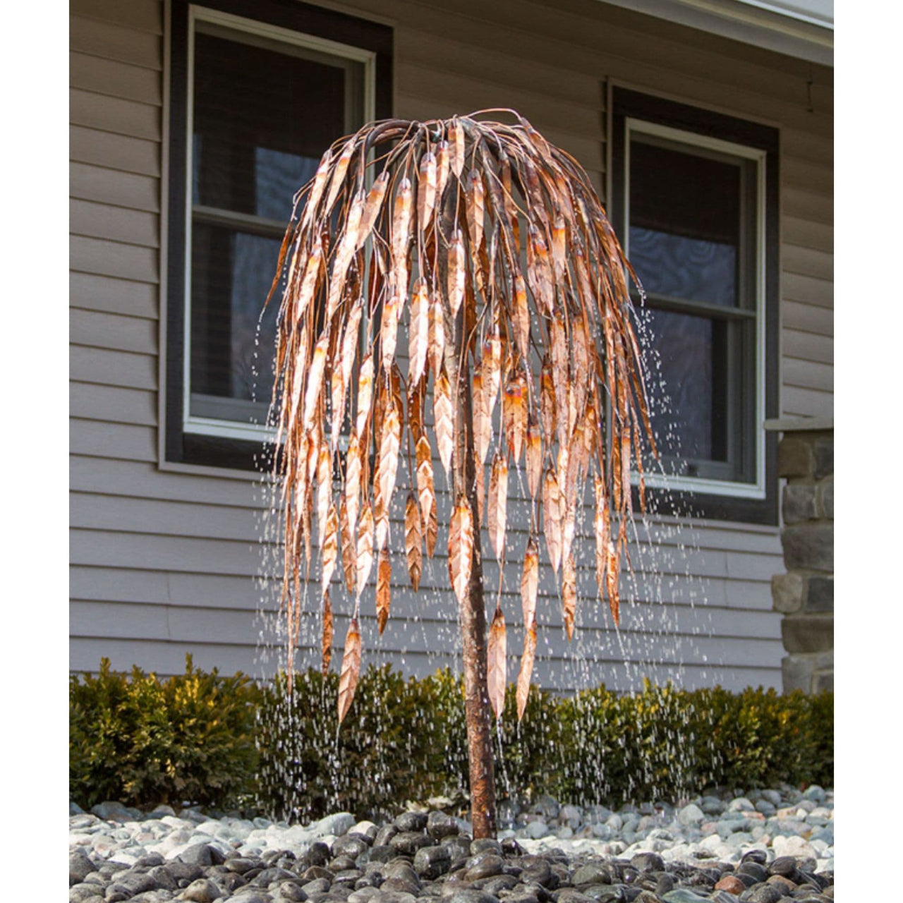 Blue Thumb 45 Copper Weeping Willow Garden Fountain With House In The Back