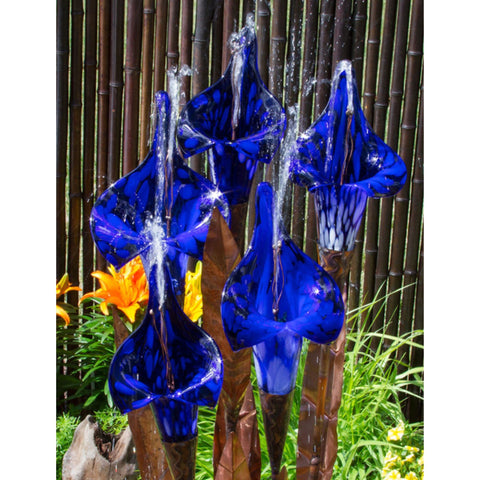 Blue Thumb 50 Copper Blue Iris Flower Garden Fountain Close-up With Bamboo Fence And Plants Background