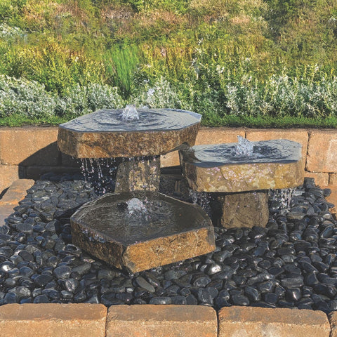 Blue Thumb Bird Bath Triple Stone Fountain With Flowing Water And Plants Behind