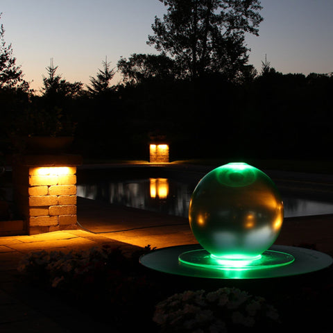 Blue Thumb Crystal Sphere Fountain Kit With Garden Lights And Trees In Background