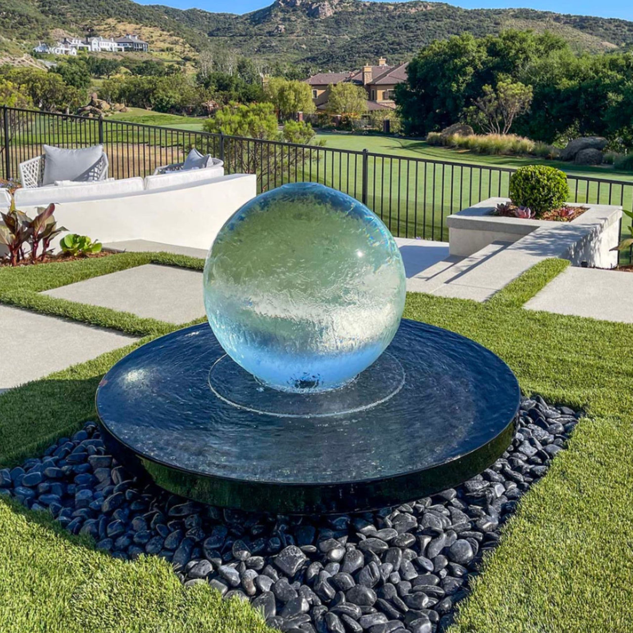 Blue Thumb Crystal Sphere Fountain Kit With Overlooking Scenic Landscape And Mountain View