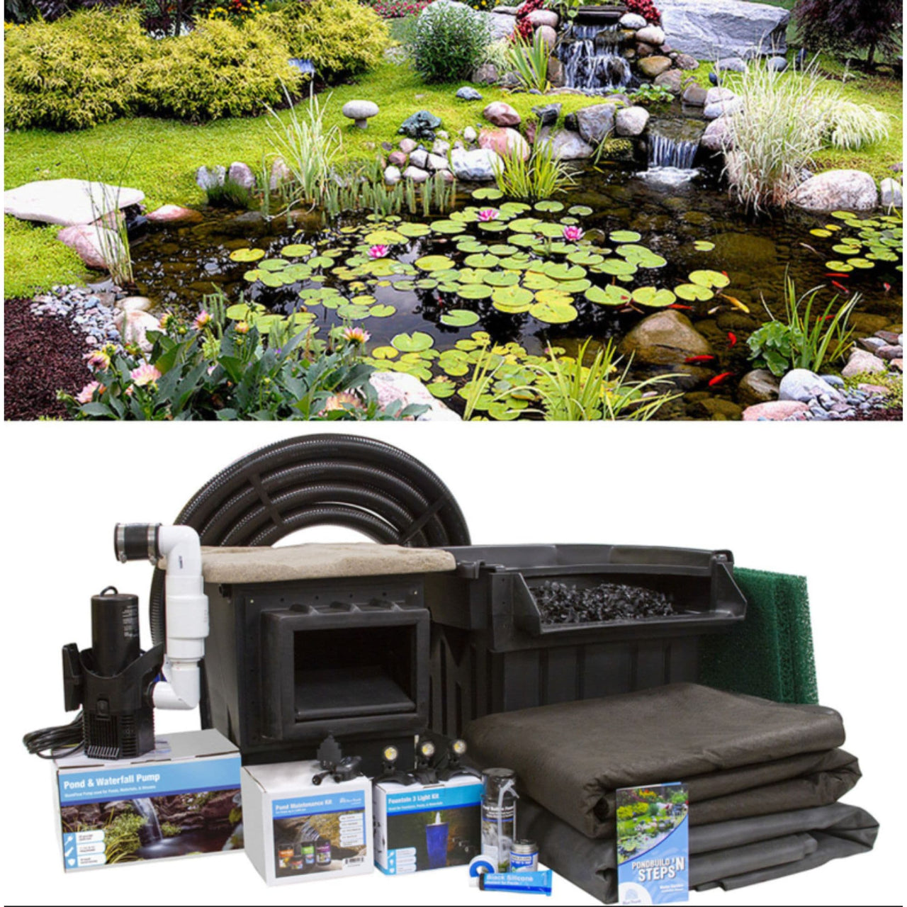 Blue Thumb Elite Pond Kit With Waterfall Garden Background