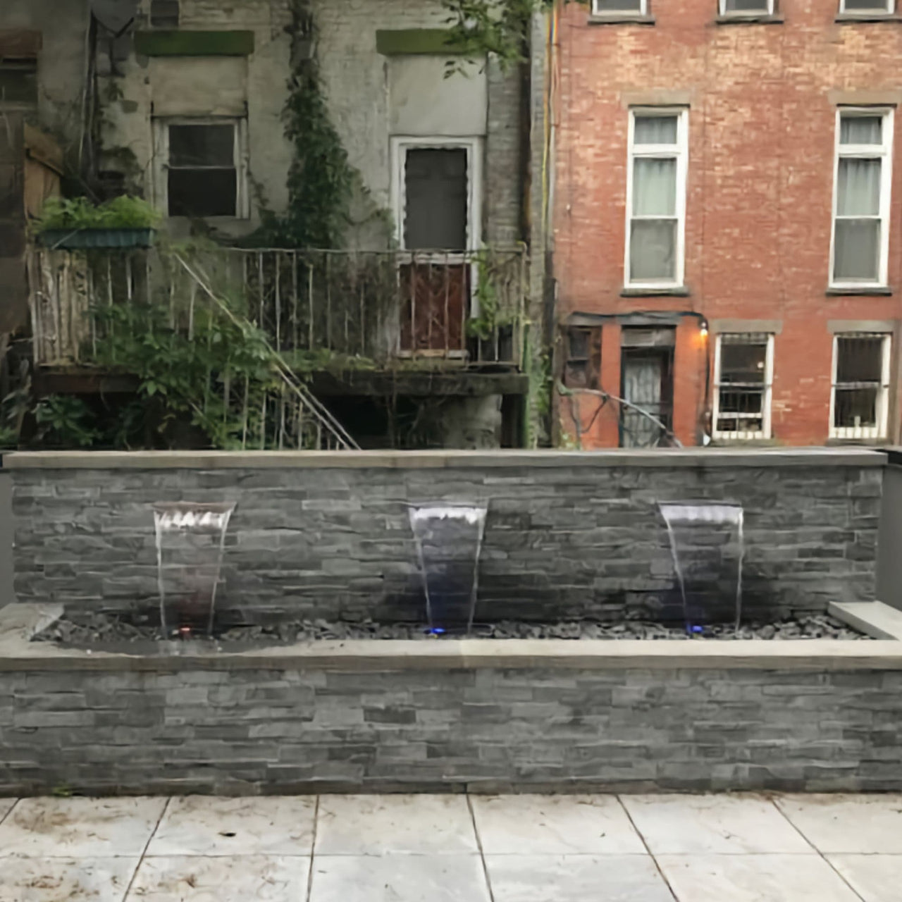 Blue Thumb Formal Falls Wall Waterfall Kit With Old Brick Building Background - Small Kit Without Lights