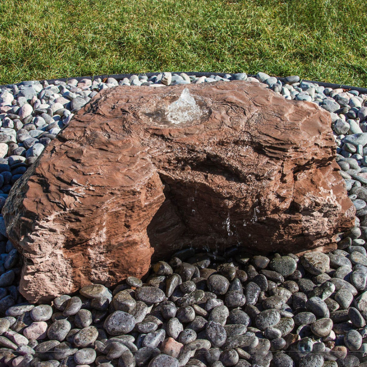 Blue Thumb Horseshoe Falls Stone Outdoor Fountain With Grass Surrounding Border
