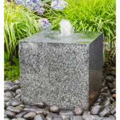 Blue Thumb Kanji Granite Cube Fountain With Plants And Flowers Background