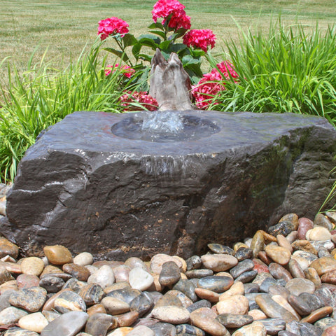 Blue Thumb Medium Bird Bath Fountain With Green Plants And Vibrant Flowers Behind