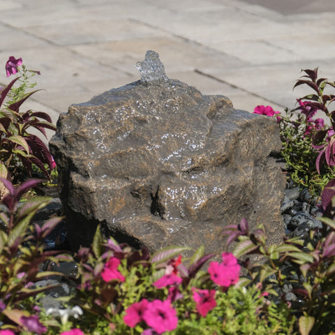 Blue Thumb Mini Mountain Spring Stone Garden Fountain Surrounded By Ornamental Flowers