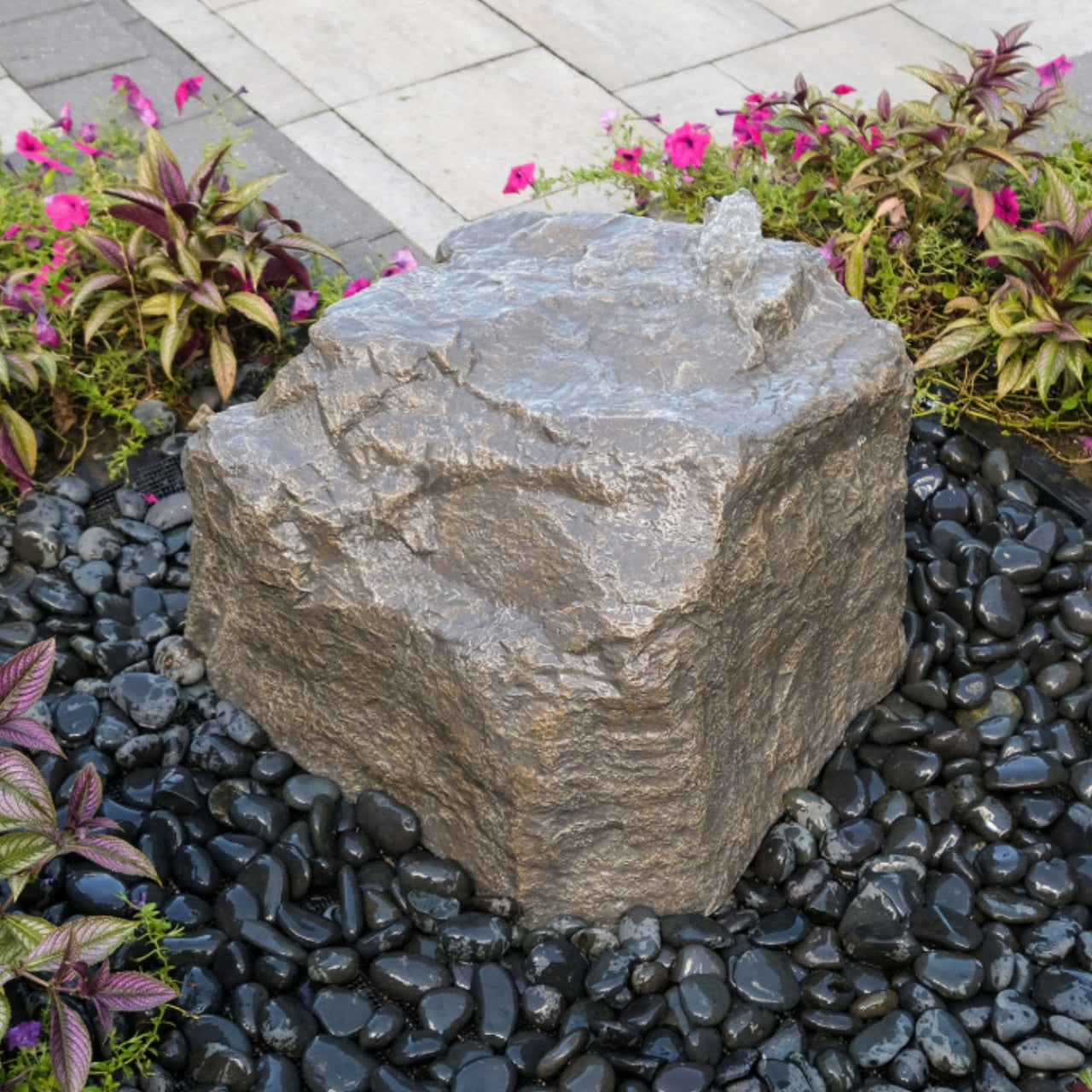Blue Thumb Sand River Falls Stone Garden Fountain Surrounded By Colorful Flowers