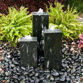 Blue Thumb Smooth Black Granite Triple Stone Fountain With Ferns And Plants Behind