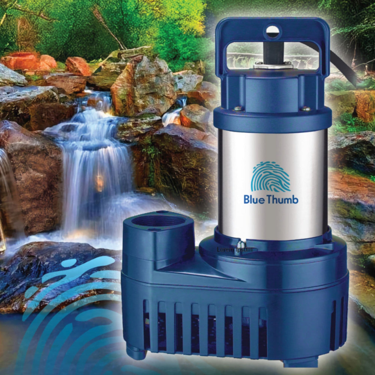 Blue Thumb Stainless Steel Pond Pump With Waterfall Background