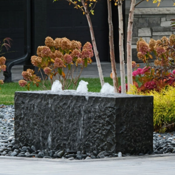 Blue Thumb Triple Drilled Yasuyuki Stone Fountain With Colorful Plants And Autumn Trees Background View