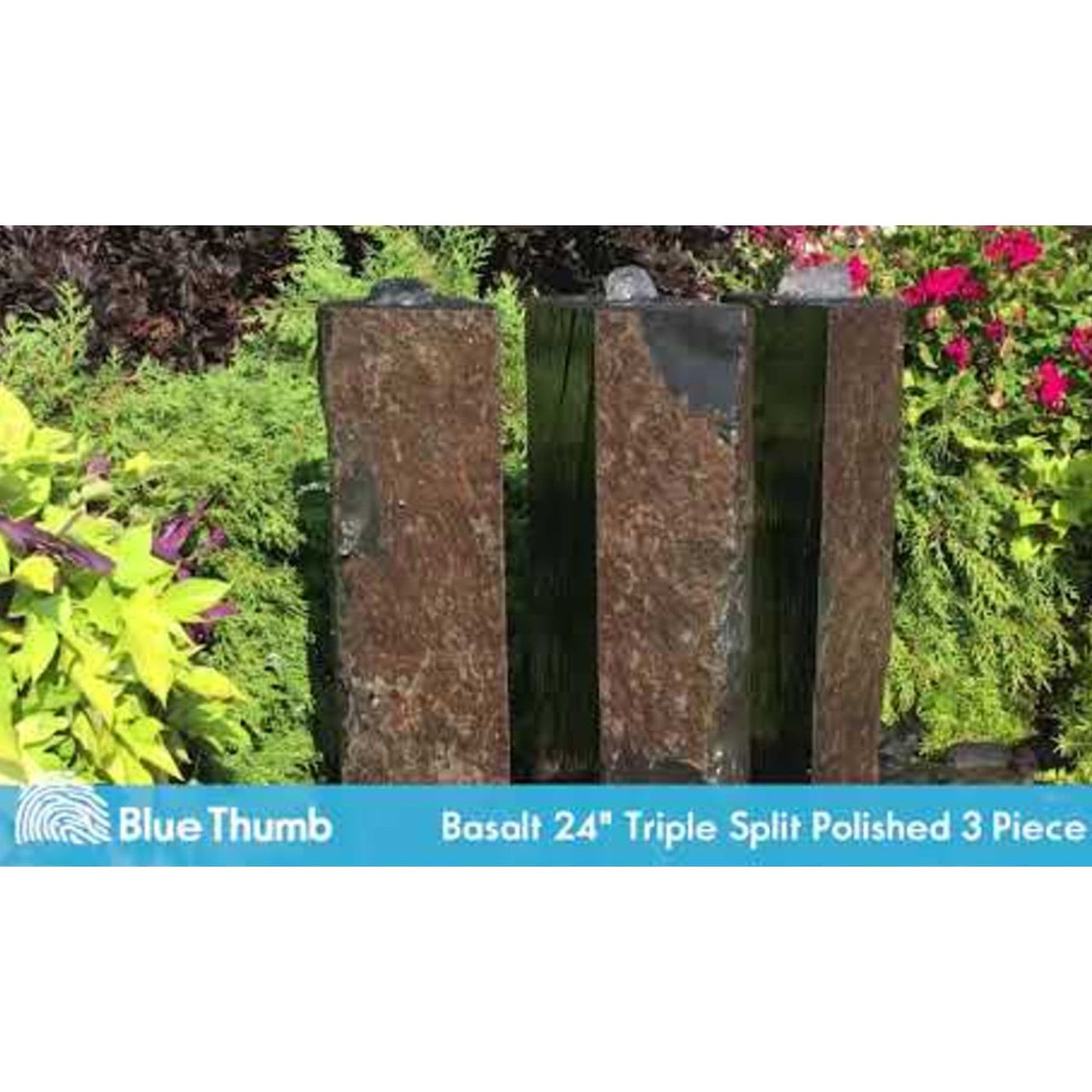 Blue Thumb Triple Split Polished Basalt Stone Outdoor Fountain Besides Green Plants