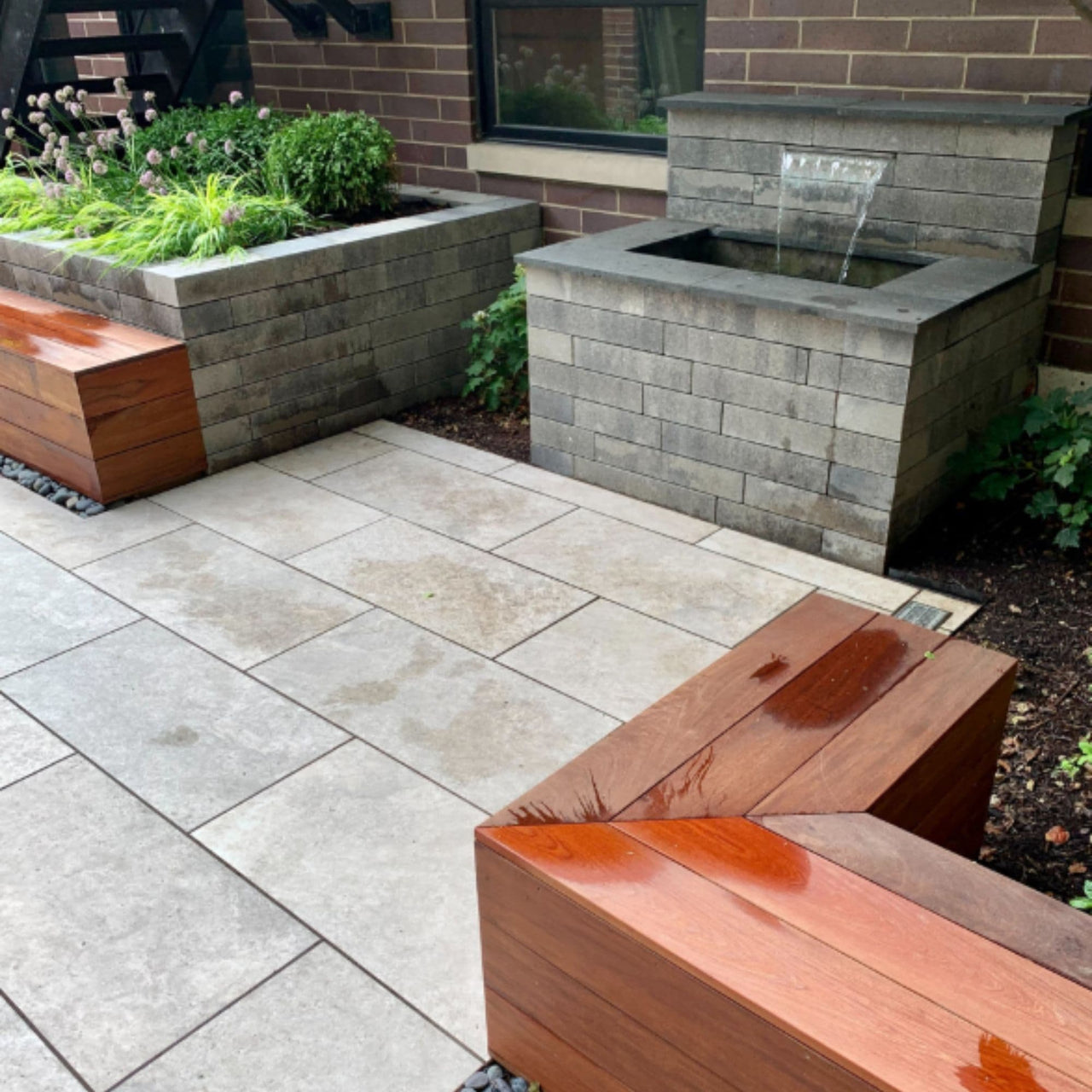 Blue Thumb Wall Waterfall Kit On Modern Patio With Fountain and Planters Small Kit Without Lights