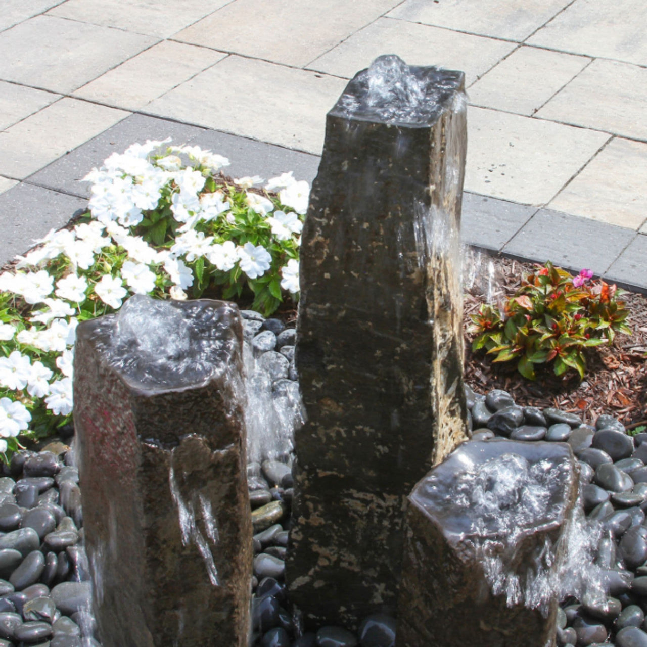 Blue thumb Triple Bowled Polished Top Basalt Column Outdoor Fountain With White Flower Background