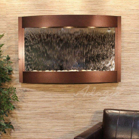 Calming Waters Wall Mounted Fountain With Green Leaves And Leather Chair-Copper Vein Silver Mirror