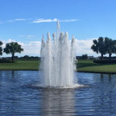 Cascade Pisces Fountain With Palm Trees Under Clear Blue Sky