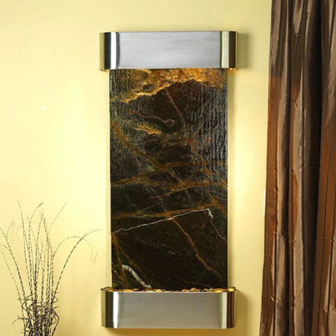 Cascade Springs Wall Mounted Fountain Rainforest Green Marble Stainless Steel-Rounded With Silky Brown Curtain And Dried Grass Stems