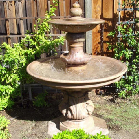 Chelsea Garden Outdoor Water Fountain For Formal Garden settings With Plants And Wooden Fence In The Background