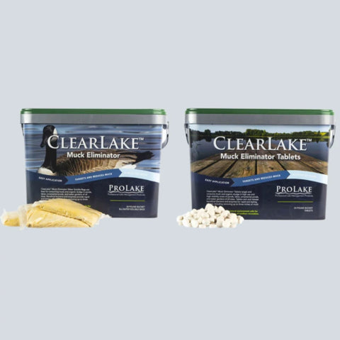 ClearLake Muck Eliminator Water-Soluble Bags ClearLake Muck Eliminator Tablets 24 Lbs Tablet And Water Soluble Bags On Plain Background