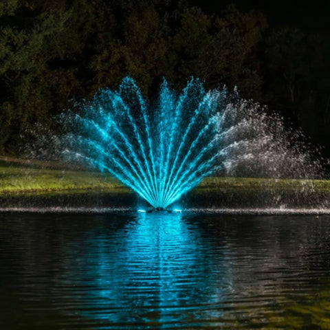 Fern Premium Fountain Nozzle Beneath A Dark Night Sky With Vibrant Blue Reflections On Calm Water
