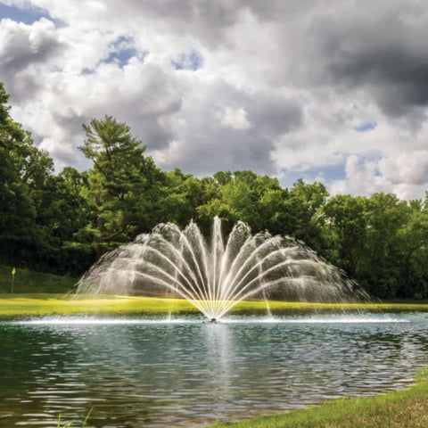 Fern Premium Fountain Nozzle Surrounded By Green Trees And Beneath A Cloud-Filled Skies