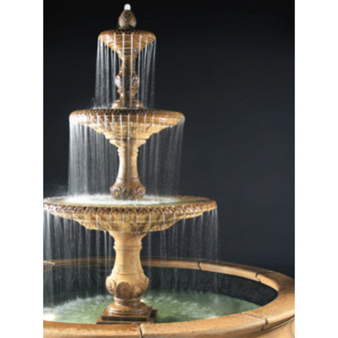 Fiore Stone 3-Tier Four Seasons Outdoor Water Fountain With Bracci Basin Closer View With Colored Background