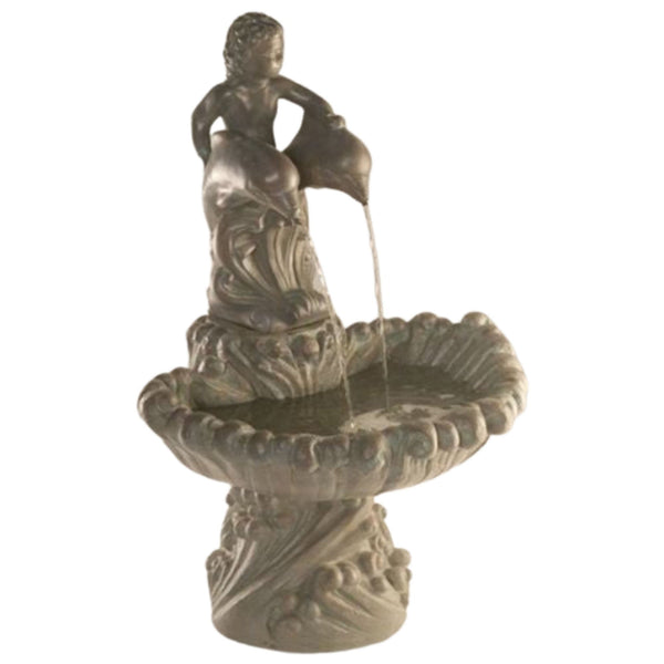 Fiore Stone Boy on Dolphins Cast Stone Garden Fountain With Plain White Background