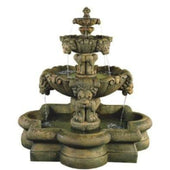 Fiore Stone Courtyard Lion Tiered Outdoor Water Fountain in Quatrefoil Basin With Plain White Background