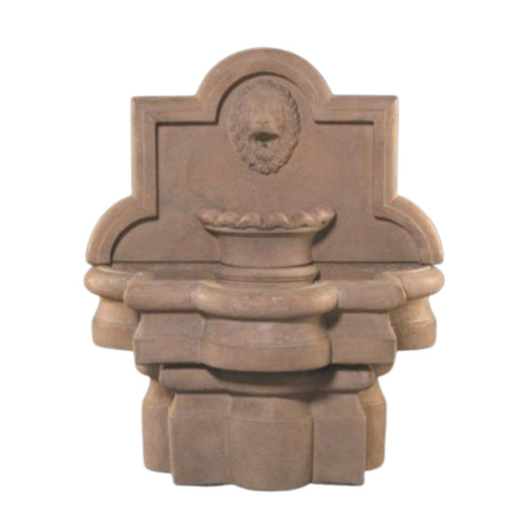 Fiore Stone Lion Quatrefoil Outdoor Wall Fountain With Plain White Background