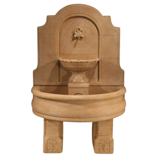 Fiore Stone Provincial Outdoor Wall Water Fountain With Basin And Pedestals With Plain White Background
