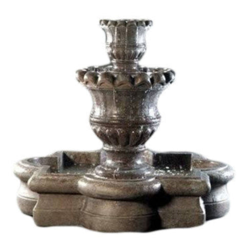 Fiore Stone Scallop Urn Outdoor Fountain with Quatrefoil Basin With White Plain Background