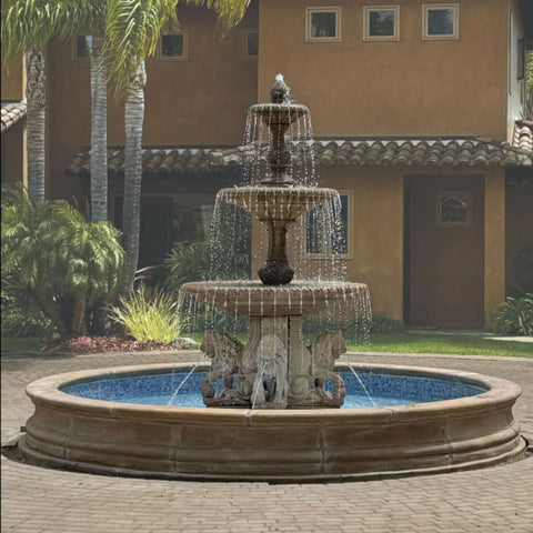 Four Seasons Fountain with Lion Base Pedestals and 12 Pond With Big House In The Back