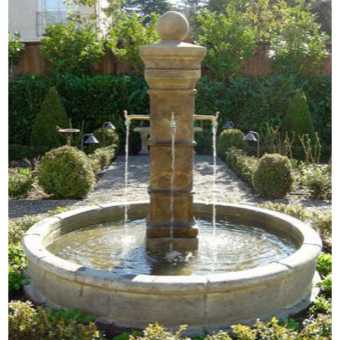 Giannini Garden Avignon Pond Fountain For Spouts With Lush Hedges And Pathway In The Background