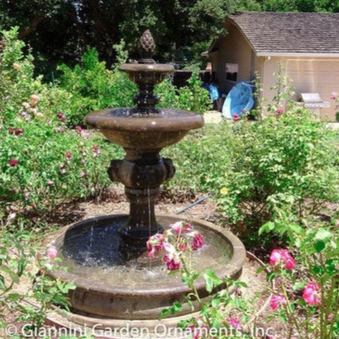 Giannini Garden Quattro Lion Two Tier Pond Fountain Surrounded With Plants And A Small House In The Background