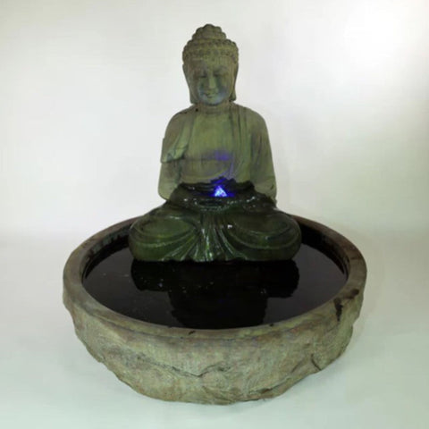Giannini Garden Serene Basalt Buddha Fountain With Gray Gradient Background