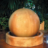 Gist Ball And Ring Base Garden Water Fountain With Green Plants And Bamboo Accent Background