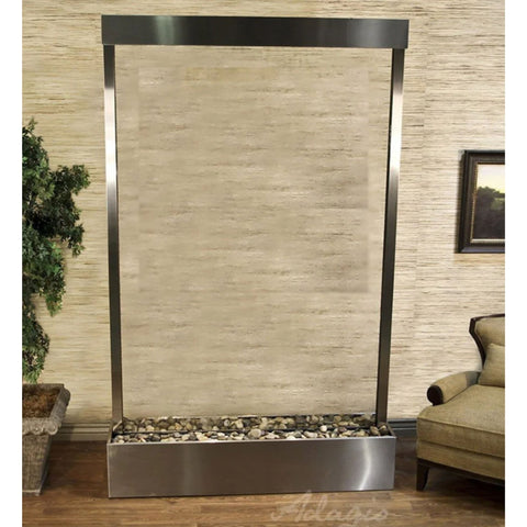 Grandeur River Floor Fountain Center Mounted in Base With Potted Tall Plant And A Fabric Upholstered Chair-Stainless Steel Trim